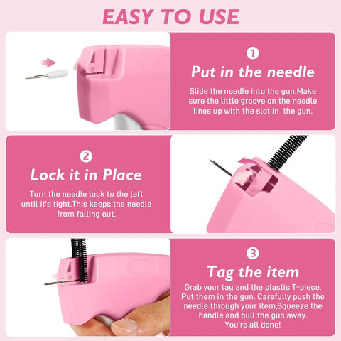Instruction guide showing steps for using Clothing Stitch Gun Quick Fixer For Dresses And Garments With 6 Needles And 4,000 Fasteners