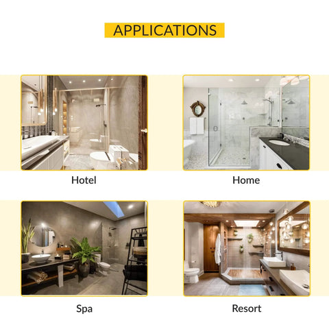 Four bathroom settings showcasing applications of the Adjustable Glass To Glass Shower Door Hinge 180 Degree Mount No Fuss Antique Copper Finish, Solid Forged Brass Construction, Four Inch Height, Eleven Sixteenth Inch Width, Fits Three Eighths And Half Inch Glass Panels, Brixwell.