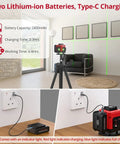 Heavy Duty 12 Line Green Laser Level With Slick Remote Control And Sturdy Triangle Bracket For Instant Self Leveling Up To Ninety Eight Feet showing two batteries and charging details.
