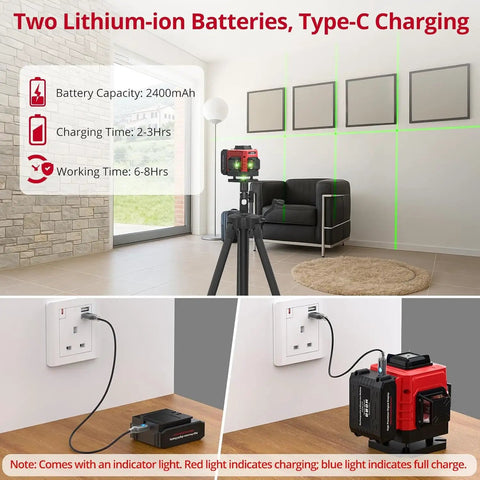 Heavy Duty 12 Line Green Laser Level With Slick Remote Control And Sturdy Triangle Bracket For Instant Self Leveling Up To Ninety Eight Feet showing two batteries and charging details.
