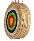 Side view of Traditional Handmade Archery Target For Backyard Practice With 7 Layer Straw Core Eco Friendly Reusable, colorful rings visible