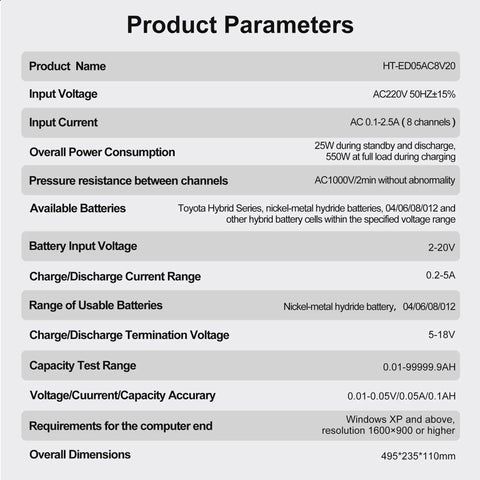 Product parameters of Heavy Duty Eight Channel Battery Tester With Five Amp Charge Discharge Sync Voltage Equalizer For 18650 21700 Lipo LifePo4 Cells Pro Grade Pack Builder Tool.