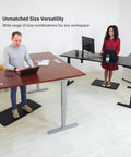 Electric Height Adjustable L Shaped Standing Desk 70 X 55 Inch Corner Home Office Workstation in use with two people.