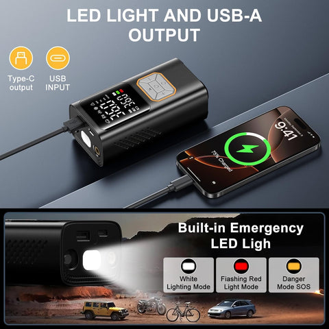 Portable Tire Inflator Air Compressor With 150 PSI Cordless Car Tire Pump Digital Pressure Gauge Auto Shut Off No Fuss Quick Inflation For Cars And Motorcycles On The Go with USB output and LED light