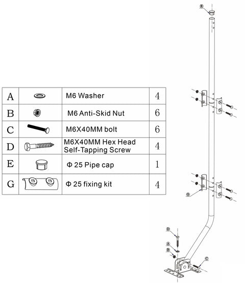Assembly diagram of Beefy Universal Outdoor Mounting Pole For TV Antenna And Weather Station, showing components and hardware kit.