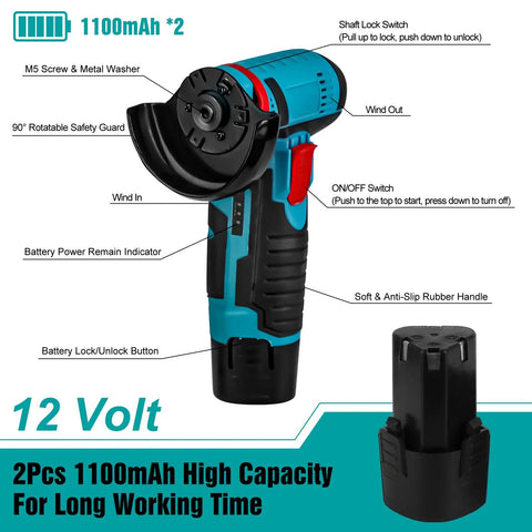 Cordless 3 Inch Mini Angle Grinder Kit With 2 Batteries And 7 Cutting Discs, 19000 RPM, 12V Portable Grinding Tool For Metal Wood Tile