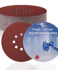 9 Inch 8 Hole Sanding Discs for Drywall Sander With Quick Change Hook And Loop Backing, 15 Pack Round Sandpaper Sheets
