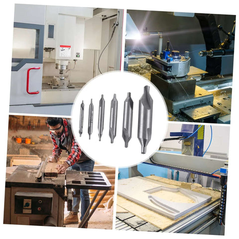 KALLORY 12-piece high-speed steel center drill bit set for metal and wood; collage of bits with machines.