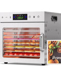 Top Shelf Massive Eight Tray Food Dehydrator Machine With Removable Stainless Steel Trays, showcasing dried fruits and digital control.