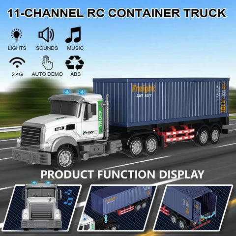 Nine Channel Remote Control Semi Truck With Trailer 24 Scale RC Container Carrier Toy For Kids Aged 3 To 8 Dual Batteries Lights And Sounds Realistic Hauler Kid Friendly Gift For Boys And Girls on road with container