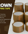 Stacks of brown heavy duty packing tape for moving and shipping boxes, ultra strong adhesive, 2.2 mil thick, 2 inch wide.