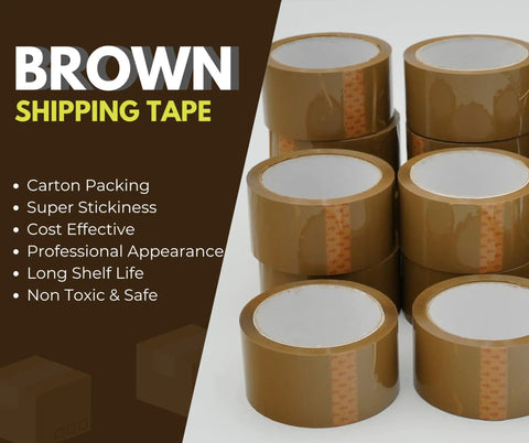 Stacks of brown heavy duty packing tape for moving and shipping boxes, ultra strong adhesive, 2.2 mil thick, 2 inch wide.