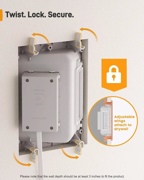 TV In Wall Cable Management Kit With USB And Type C Ports Cord Hider showing recessed power installation in drywall with secure wings.