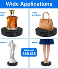 Heavy Duty Motorized Electric Turntable For Photography displayed with bottle, handbag, sculpture, and model, 12.6 inch base.