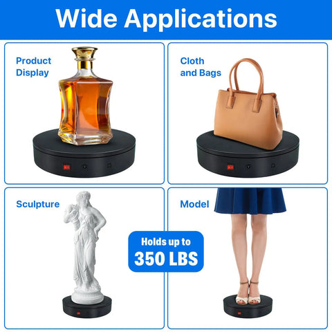Heavy Duty Motorized Electric Turntable For Photography displayed with bottle, handbag, sculpture, and model, 12.6 inch base.