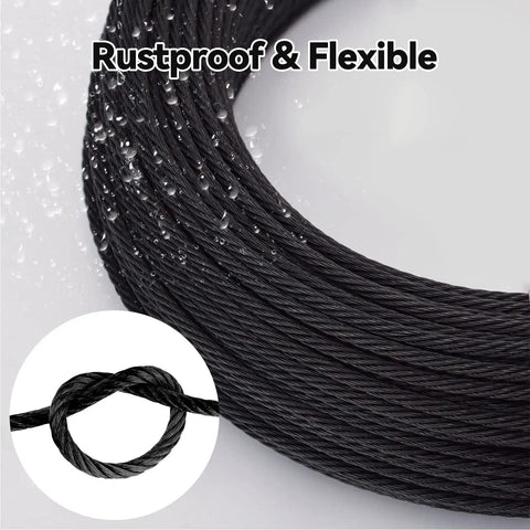 Close-up of 1/8 Inch Black Stainless Steel Cable Railing Wire, 150 Ft Long, 7x7 Strand, Rustproof And Flexible for handrails.