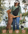 Person wearing Crossbody Sling Bag For Men And Women, Lightweight Outdoor Travel Backpack, with dogs in a park, Black Size M