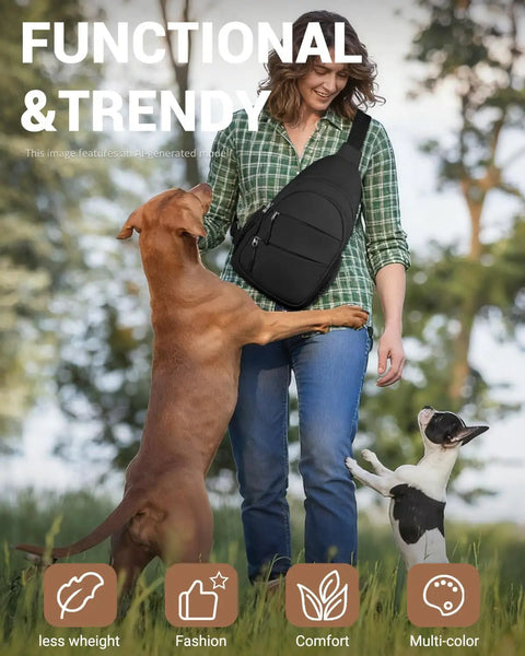 Person wearing Crossbody Sling Bag For Men And Women, Lightweight Outdoor Travel Backpack, with dogs in a park, Black Size M