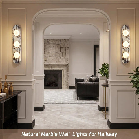 Natural Marble Bathroom Vanity Light, Alabaster 3-Light Wall Sconce on wall with purple-white veining, modern hallway design.