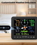 All In One Indoor Outdoor Weather Station With Rain Gauge And Wind Speed, Forecast, Temperature, Humidity, Moon Phase, Alarm Clock, Backlit 7.5 Inch Color Display, Easy To Read Large Display, No WiFi Needed on a table