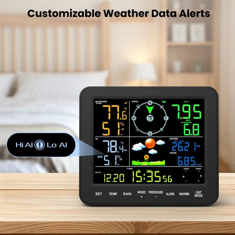 All In One Indoor Outdoor Weather Station With Rain Gauge And Wind Speed, Forecast, Temperature, Humidity, Moon Phase, Alarm Clock, Backlit 7.5 Inch Color Display, Easy To Read Large Display, No WiFi Needed on a table