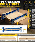 Premium 19 Inch Panel Clamps With Bonus Storage Rack Delivering Four Way Pressure for even seam alignment in woodworking projects.