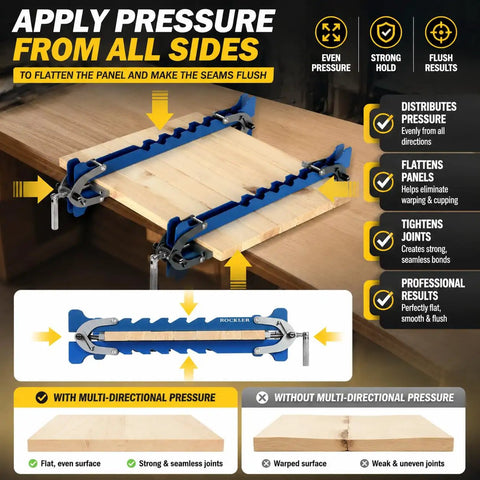 Premium 19 Inch Panel Clamps With Bonus Storage Rack Delivering Four Way Pressure for even seam alignment in woodworking projects.