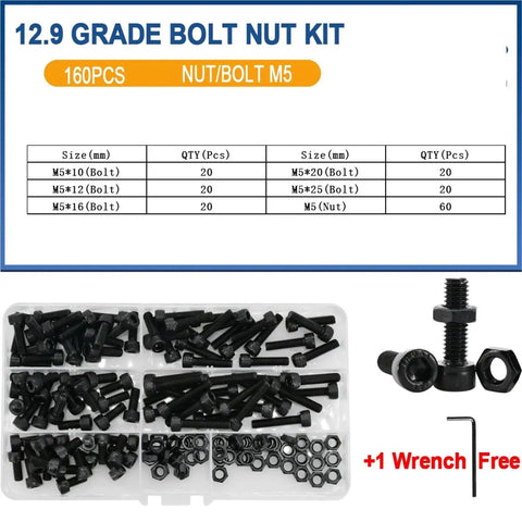 All In One Hex Socket Screw Bolt Nut Set M2 To M6 Black Carbon Steel Hardware Kit in durable case for furniture assembly