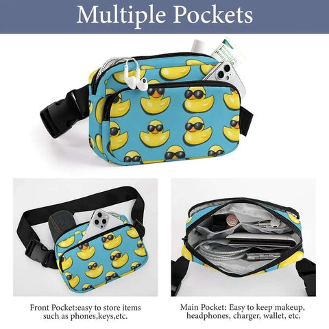 Crossbody Fanny Pack For Men And Women Adjustable Strap Belt Bag 300D Twill Construction Hands Free with cool duck sunglasses print