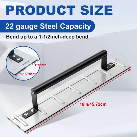 18 Inch Sheet Metal Folding Tool Steel Bender shown with 22 gauge steel capacity and 1-1/2 inch bend depth, designed for roofing and HVAC applications.