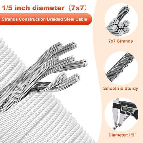 304 Stainless Steel Batting Cage Cable Kit With 5mm Braided Wire And All Hardware For Baseball Softball Net Tension 7x7 strands close-up