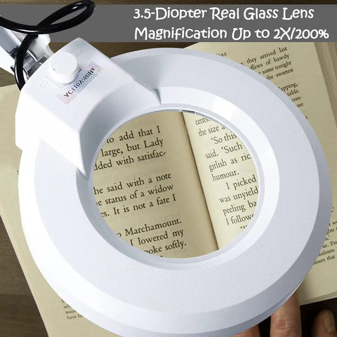 LED Floor Lamp With Magnifying Glass Light For Reading And Crafting, showing 5 Inch Lens with 3.5D Diopter over an open book.