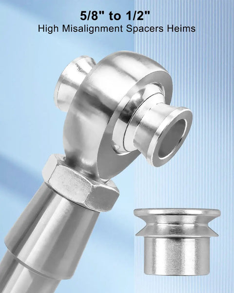 Five Eighths To One Half Inch High Misalignment Spacer Heims Adapter For Rod End To Rod End Linkages, Standard Ball Width, Heavy Duty Automotive And Off Road Suspension Connection, silver spacer