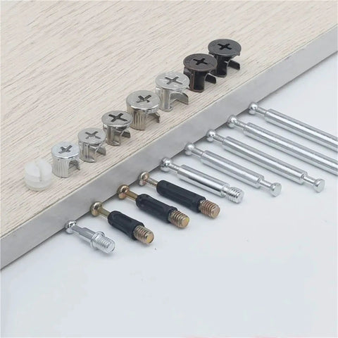 50 Pack Heavy Duty Cam Lock Fittings 3 In 1 Furniture Connector Kit showing various bolts and nuts on wood.