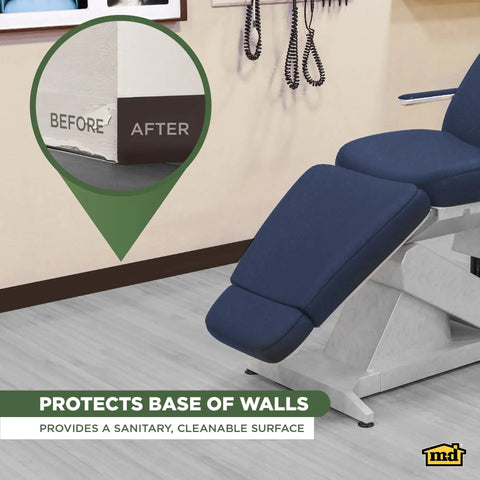 4 Inch By 60 Foot Dry Back Vinyl Wall Base Flexible Trim with toe in brown, installed in an office, before and after comparison.