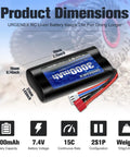 7.4V 3000mAh High Capacity Li ion RC Battery With Dean Style T Plug For WLtoys 4WD High Speed RC Cars And Most 1/10 1/12 1/16 Scale RC Cars And Trucks Rechargeable Power Pack displayed with dimensions and weight