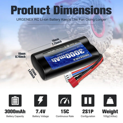 7.4V 3000mAh High Capacity Li ion RC Battery With Dean Style T Plug For WLtoys 4WD High Speed RC Cars And Most 1/10 1/12 1/16 Scale RC Cars And Trucks Rechargeable Power Pack displayed with dimensions and weight