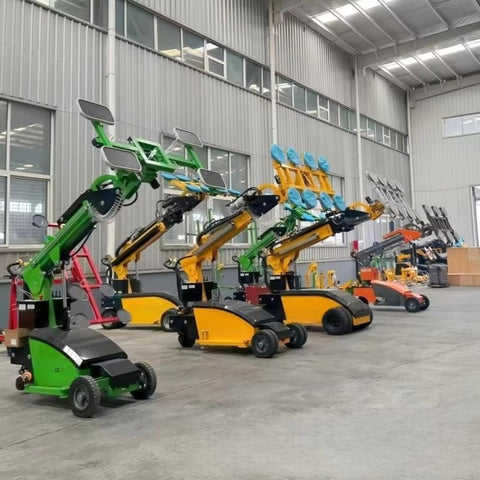 Heavy Duty Electric Vacuum Glass Lifter With Slick Suction Cups For Rock Solid Window Installation and Pro Grade Construction, multi-colored models with adjustable arms in a warehouse.