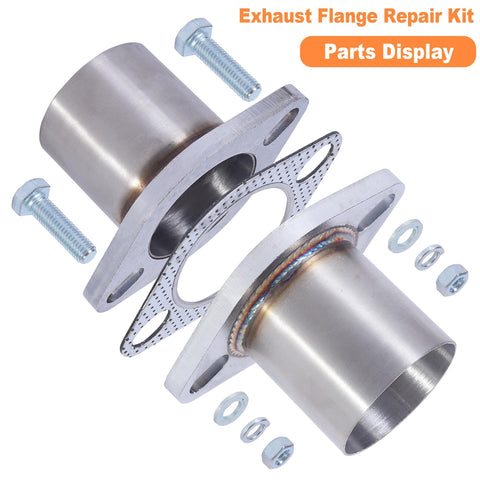 Two Point Five Inch Exhaust Flange Repair Pipe Kit With 2 Bolt Stainless Steel Plug And Play Quick Fix Gasket Bolt And Hardware 63mm ID To Two Point Five Inch OD Universal Fit For Cars Trucks Buses And Heavy Duty Exhaust Systems displayed