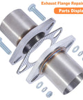 Pro Grade Stainless Steel Exhaust Flange Repair Pipe Kit With Dual Bolt Mount showing steel joints, bolts, and washers.