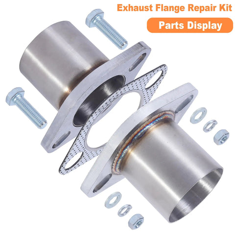Pro Grade Stainless Steel Exhaust Flange Repair Pipe Kit With Dual Bolt Mount showing steel joints, bolts, and washers.