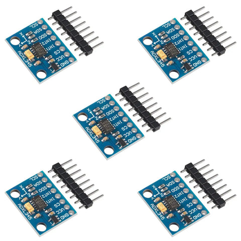 GY-291 ADXL345 3 Axis Digital Accelerometer Tilt Module For Arduino With I2C And SPI Interfaces 5 Pack Low Power Gravity Sensor For Hands On Projects And Pro Makers, five blue breakout boards with headers