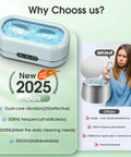 Ultrasonic Jewelry Cleaner With Digital Timer 50KHz Deep Clean In 304 Stainless Steel, features and benefits illustrated, blue unit.