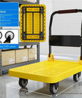 Rugged Heavy Duty Platform Cart Dolly With Thick Steel Flatbed Foldable Handrail 5 Inch TPR Wheels 60x90cm warehouse cart