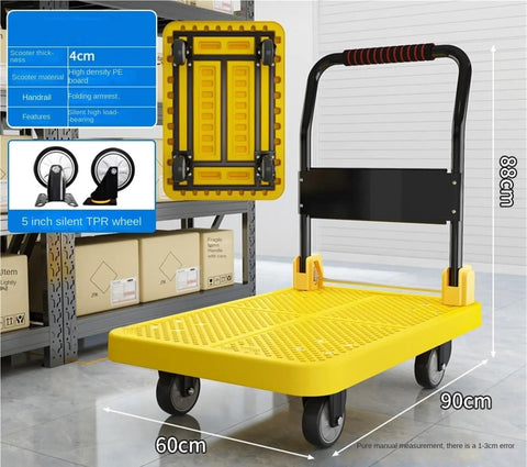 Rugged Heavy Duty Platform Cart Dolly With Thick Steel Flatbed Foldable Handrail 5 Inch TPR Wheels 60x90cm warehouse cart
