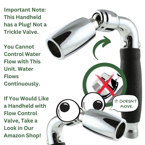 Solid Metal Handheld Shower Head Kit With Dope Slip-Free Grip, Chrome Finish, Non-Adjustable Water Flow with Plug, Illustrated Features