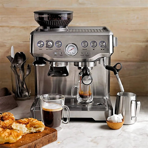 Front view of Semi Automatic Espresso Machine With 15 Bar Pressure, Built In Grinder, Milk Frother Steam Wand, and coffee cups.
