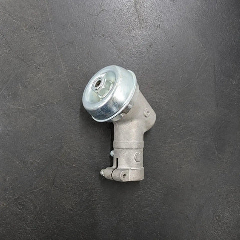 Beefy Gearbox Drive Head Assembly for grass trimmer, aluminum and steel, angled view on dark background.