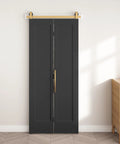 Ridiculously Tough 36 By 84 Inch Vinyl Wrapped Bifold Barn Door For Closet Pantry Laundry Room, sleek black finish with gold hardware.