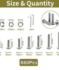 Product image showing 660 pcs Premium Stainless Steel M2 Button Head Hex Socket Screws Kit 304 Grade with sizes and components.